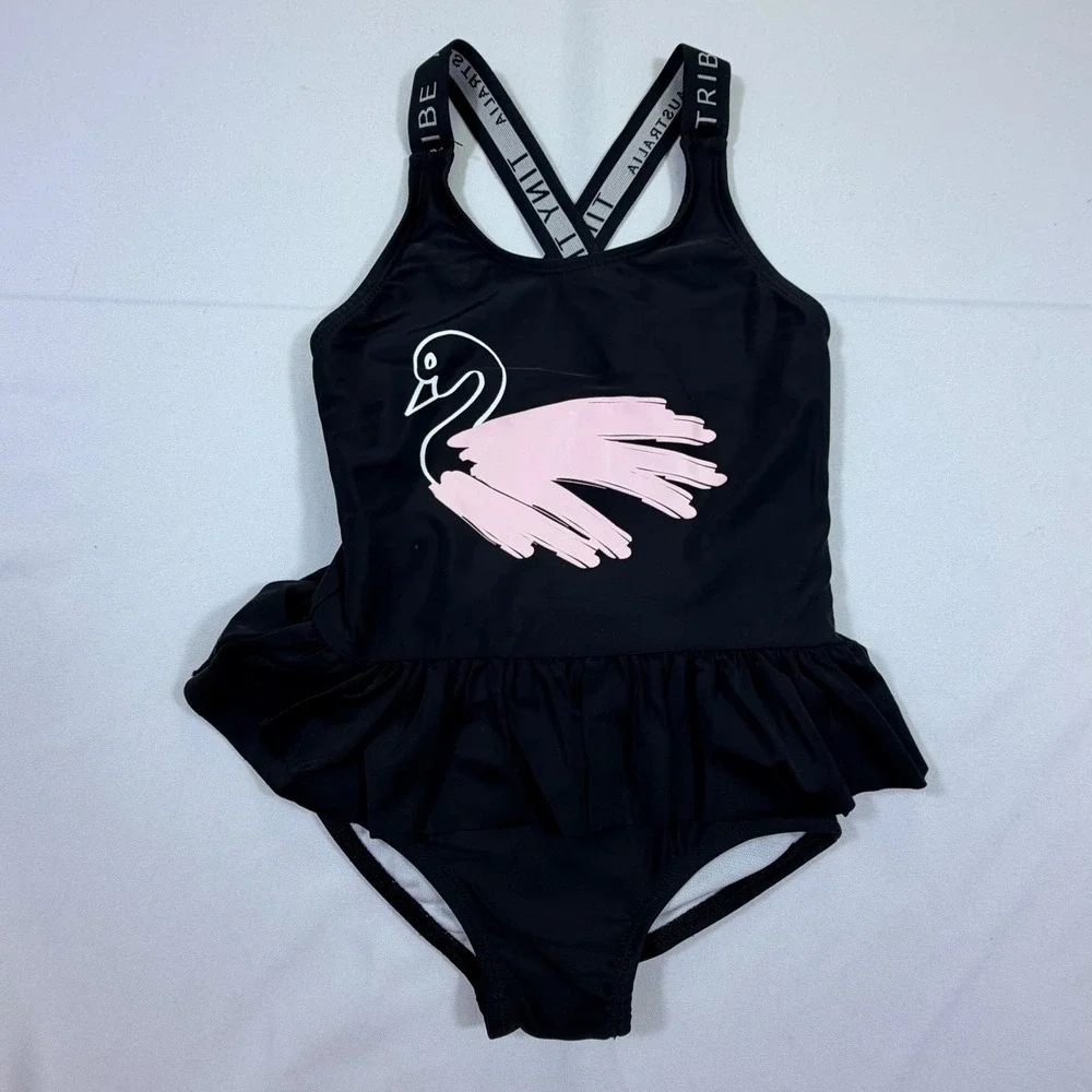 Tiny Tribe Australia Girls 3T Black Swan Peplum One Piece Swimsuit Logo Straps